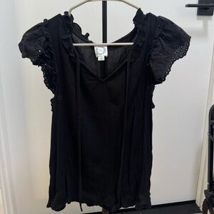 Blue Rain Ruffle Black Top